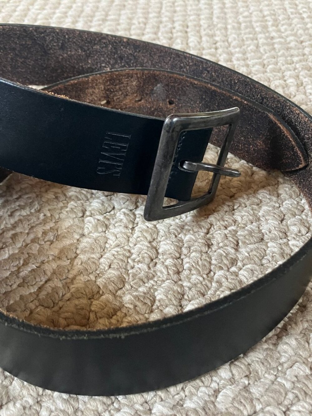 Vintage Levis Split Black Leather Belt w/ Brass Buckle Made in USA 1978 34/85